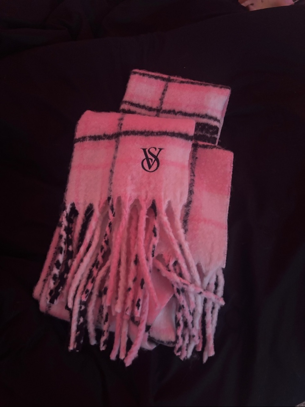 Victoria's Secret Pink Plaid Fringe Scarf with VS Logo